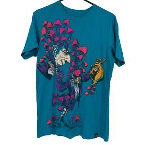 Larva Women's Teal Blue Mad Hatter Alice in Wonderland Cotton Tee Size Large